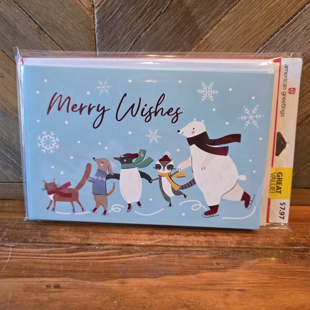 American Greetings Skating Animals 8 Cards & Envelopes Merry Wishes